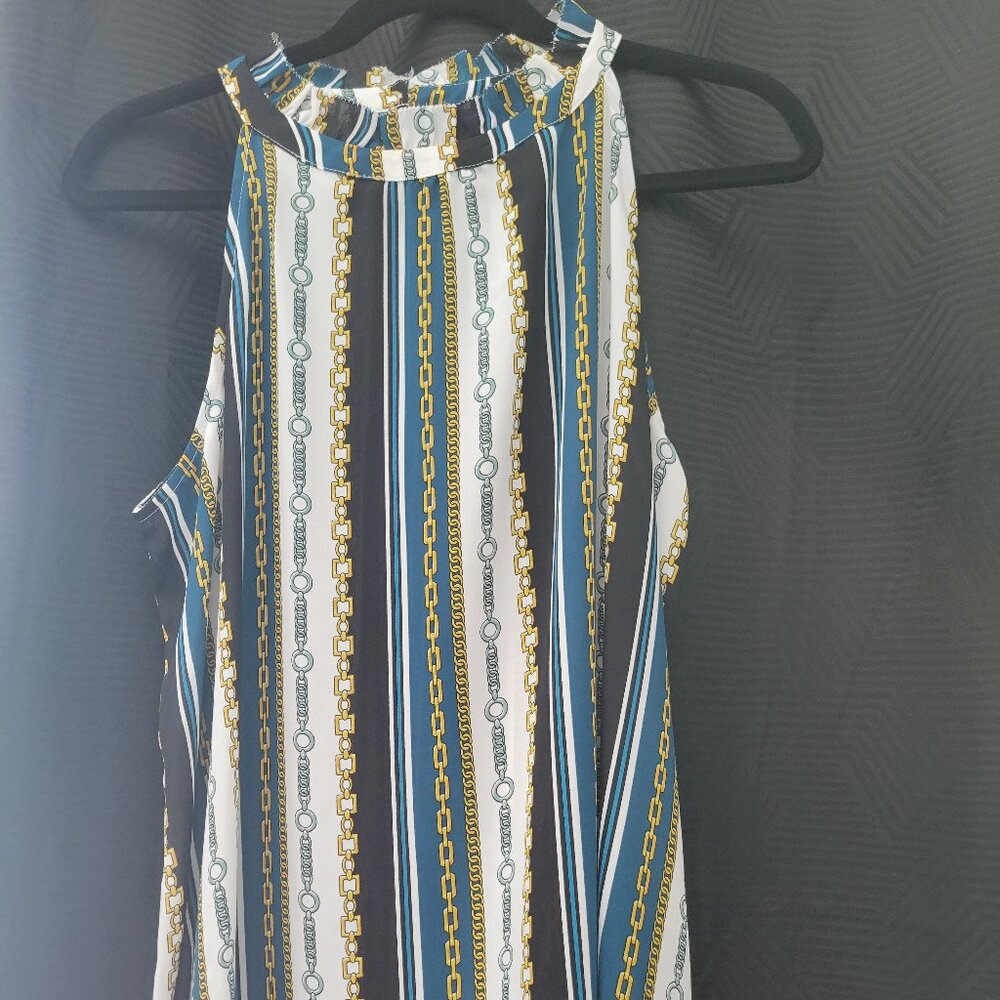 SLEEVELESS MULTI COLORED BLACK WHITE BLUE YELLOW-GOLD TOP SZ LARGE